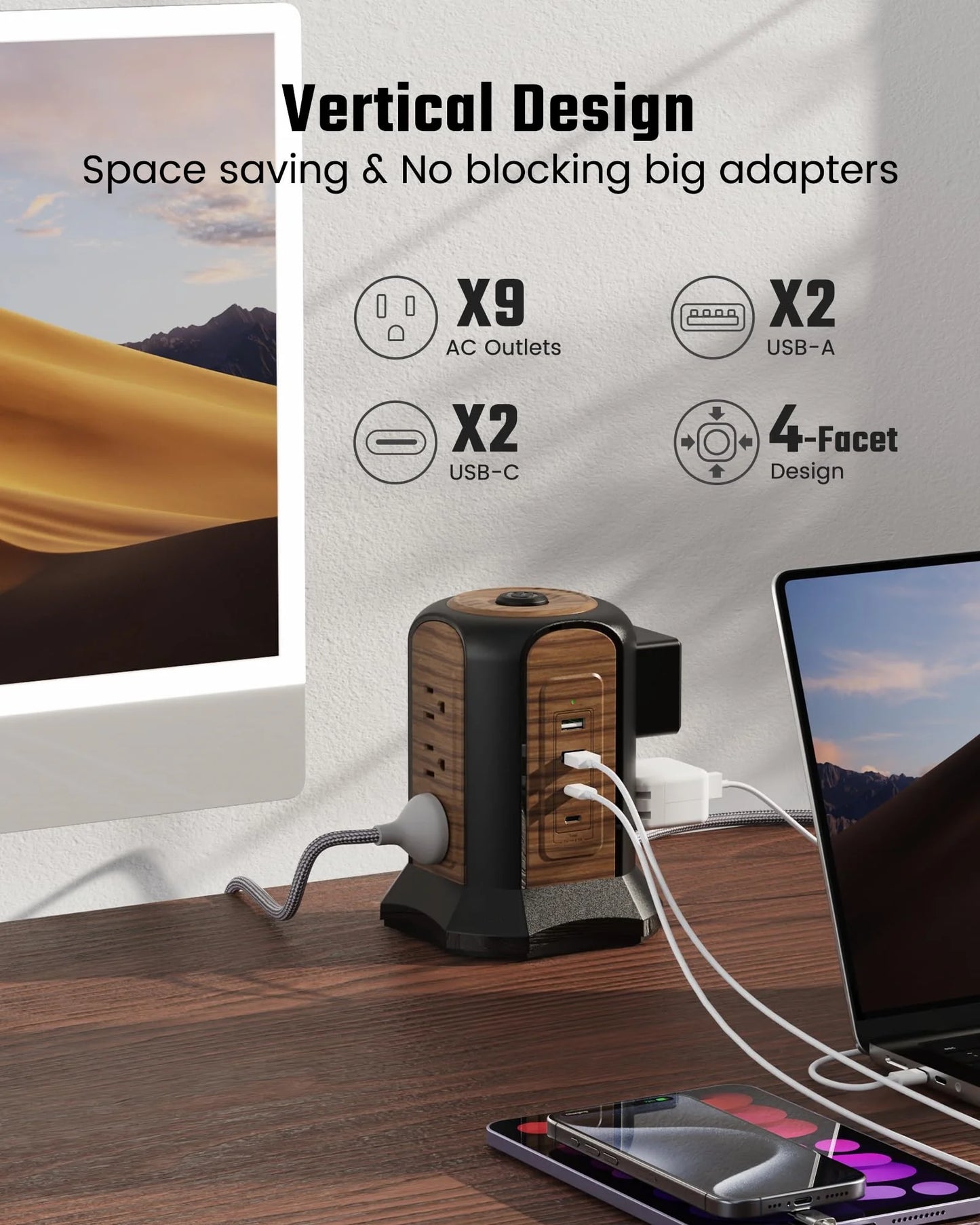 Power Strip Tower Surge Protector, 10.2 Ft Extension Cord with Multiple Outlets, 9 Outlets, 4 USB Ports (2 USB C), 1080 Joules, 3-Prong, Grounded, Charging Station for Home, Office, Brown