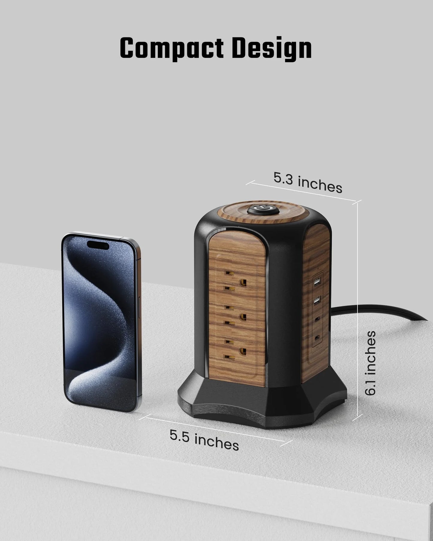 Power Strip Tower Surge Protector, 10.2 Ft Extension Cord with Multiple Outlets, 9 Outlets, 4 USB Ports (2 USB C), 1080 Joules, 3-Prong, Grounded, Charging Station for Home, Office, Brown