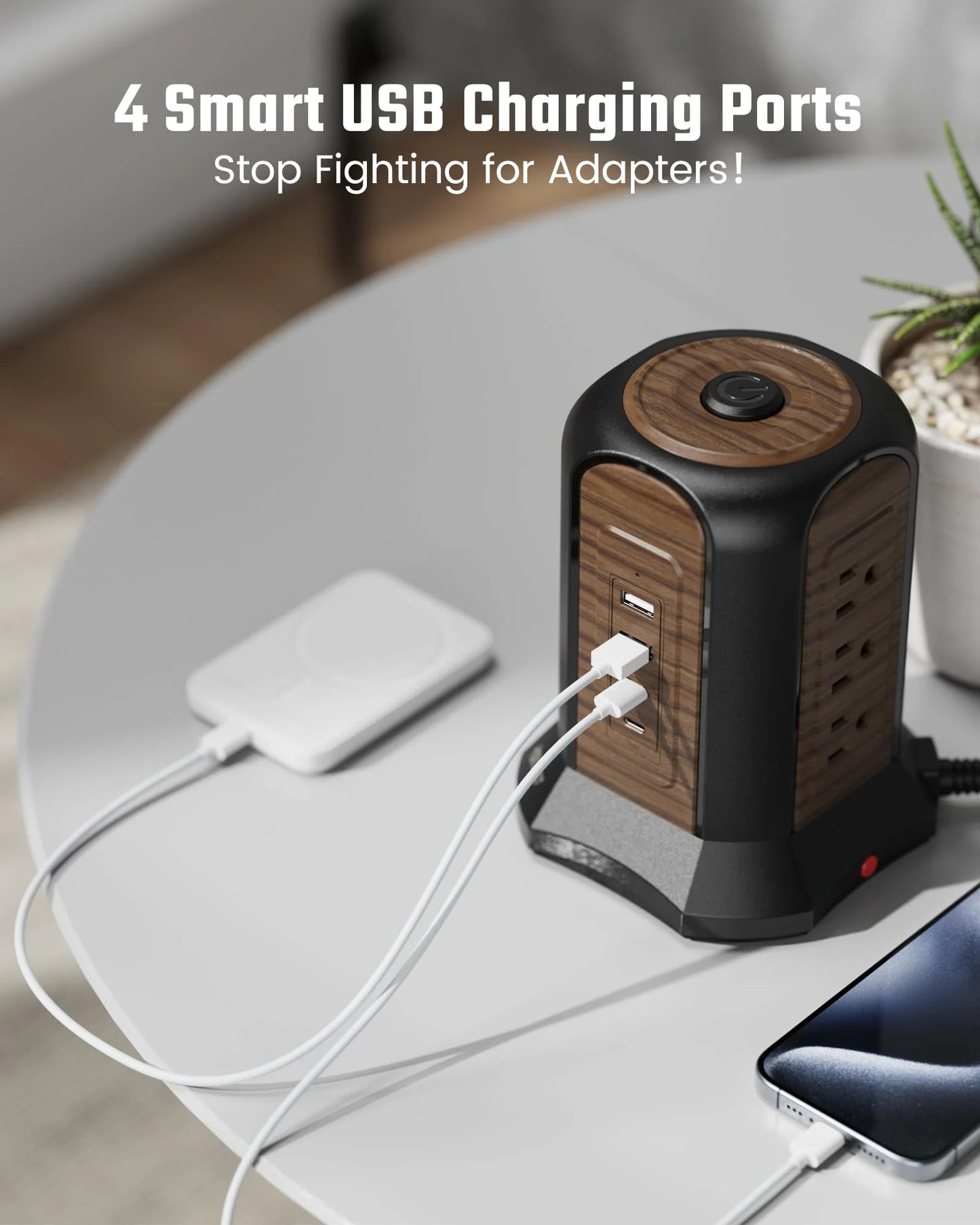 Power Strip Tower Surge Protector, 10.2 Ft Extension Cord with Multiple Outlets, 9 Outlets, 4 USB Ports (2 USB C), 1080 Joules, 3-Prong, Grounded, Charging Station for Home, Office, Brown