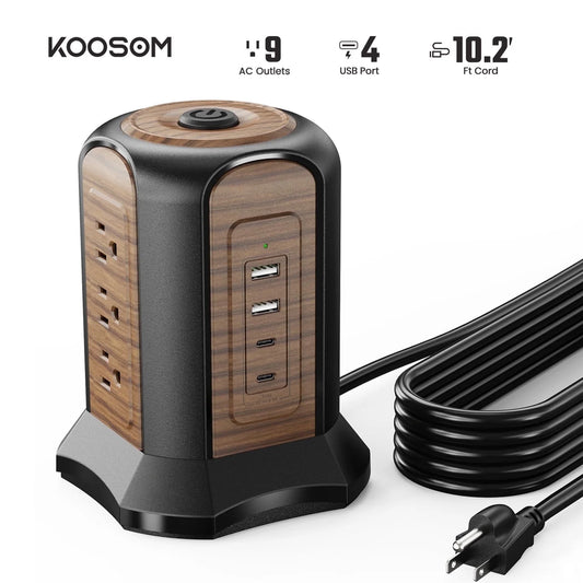 Power Strip Tower Surge Protector, 10.2 Ft Extension Cord with Multiple Outlets, 9 Outlets, 4 USB Ports (2 USB C), 1080 Joules, 3-Prong, Grounded, Charging Station for Home, Office, Brown